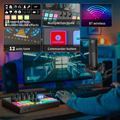Pro Level Dual Microphone Podcast Bundle Slick Rgb Audio Mixer With 48V Phantom Power showcasing mixer controls and microphone setup.
