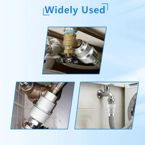 Heavy Duty Inline Water Filter For Washing Machines With Multi Stage Sediment Strainer And Stainless Steel Mesh Plus Triple Layer Fine Cotton installed in various plumbing setups.