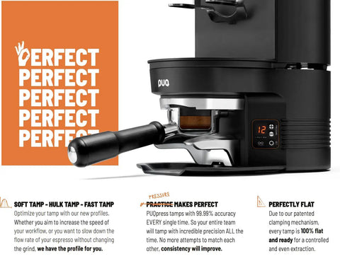 Next Level Automatic Espresso Tamper With Adjustable Tamping Pressure And Totally Dead Nuts Consistent Level Calibration For Mahlkonig E65 Grinders Smooth 58MM Barista Gear, showing a black tamping machine with digital display.