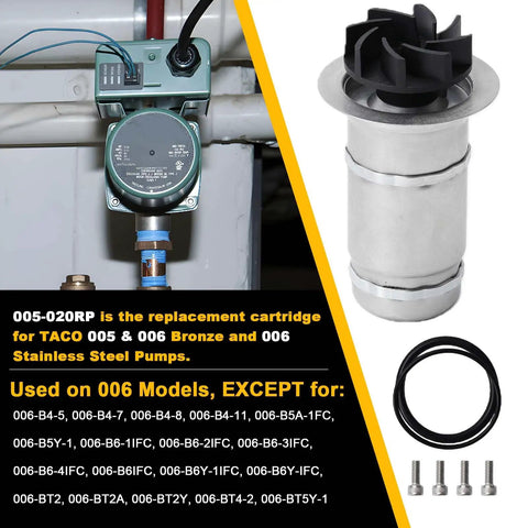 005-020RP Replacement Cartridge Assembly for Taco 005 Circulator Pump showing stainless steel design and included seals.