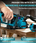  Turbo 6 Inch Cordless Circular Saw with 21V Brushless Motor cutting wood on a workbench with dust collection hose.