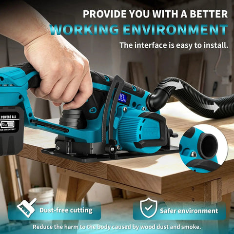  Turbo 6 Inch Cordless Circular Saw with 21V Brushless Motor cutting wood on a workbench with dust collection hose.