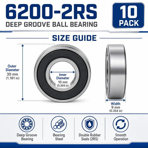 Dead Nuts Precise Fit 6200-2RS Sealed Deep Groove Ball Bearings 10X30X9MM size guide showing outer and inner dimensions.