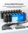 Top Tier 16 Port Rack Mount KVM Console with connected keyboard, monitor, and multiple PCs for streamlined server management.