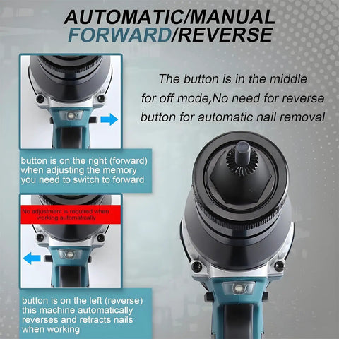 Pro Grade 26V Cordless Rivet Nut Gun With Badass 5200 Mah Battery control panel showing automatic/manual forward/reverse buttons.
