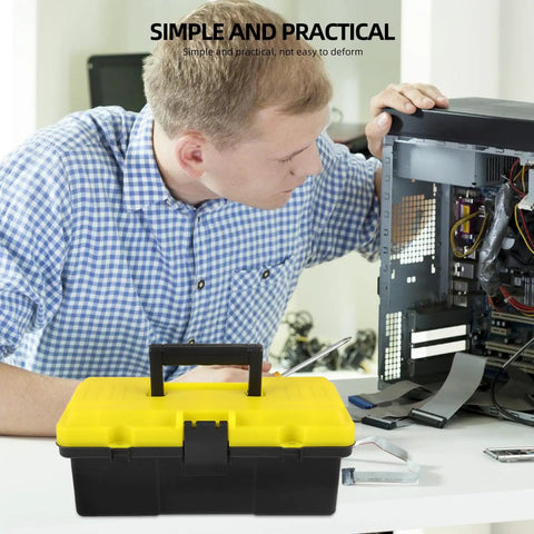 Portable Plastic Tool Box With Secure Buckles Lightweight Durable Storage Case For Outdoor DIY Projects on a workbench.