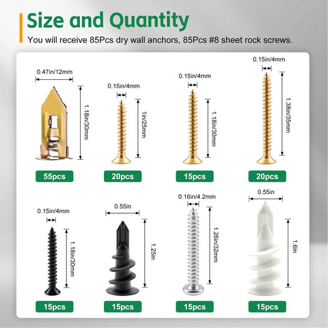 Heavy Duty Drywall Anchors And Screws Kit Delivers Killer Grip With 170 Piece Assortment In Black White And Gold For No Sweat Picture Hanging And Shelf Mounting size and quantity chart showing various anchor and screw types.