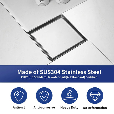 Kickass Square Shower Drain Six Inch 304 Stainless Steel Floor Grate with sleek design installed in modern tile flooring.