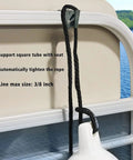 Beefy Heavy Duty Adjustable Stainless Steel Boat Fender Clips For Square Rails Pontoon Bumper Hangers With Silicone Padding Two Pack Durable Marine Rail Protectors Easy Install shown on boat rail with rope.