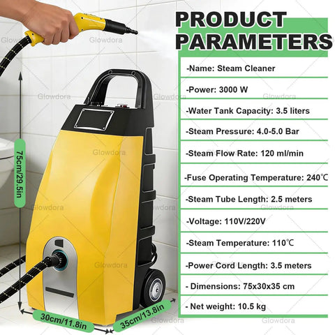 3.5L High Power Steam Cleaner 3000W With Continuous Steam & 9 Accessories For Kitchen, Car Cleaning And Ac Maintenance showing product parameters.