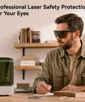 Man wearing Top Shelf 1064nm Laser Safety Glasses Featuring OD4 Plus Lens Shield for fiber marking and engraving.