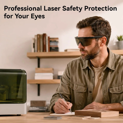 Man wearing Top Shelf 1064nm Laser Safety Glasses Featuring OD4 Plus Lens Shield for fiber marking and engraving.
