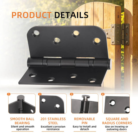 Tough As Nails Heavy Duty Black Door Hinges With Removable Pin And Zero Friction Ball Bearing Design Workhorse Hardware For Exterior Swing Doors Left Or Right Setup 4X4 close-up of hinge showcasing smooth ball bearing and removable pin.