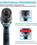 Cordless Electric Rivet Nut Gun Powered By A Brushless Motor And Rechargeable Battery Includes A Kickass Wrench showing forward/reverse function.