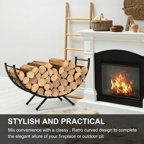 Beefy Heavy Duty Curved Firewood Rack 33 Inch Steel Log Holder for Indoor and Outdoor Fireplaces next to a lit fireplace