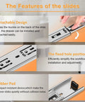 Features of Full Extension Drawer Slides Side Mount 20 Inch Heavy Duty Ball Bearing Rails with detachable design, fixed holes, and rubber pads.