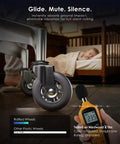 Heavy Duty Office Chair Wheels Set Of Five Black Roller Blades showing silent rolling feature on hardwood floor with noise measurement.