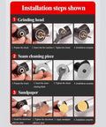 Installation steps shown for Badass Right Angle Grinder Featuring A Beast Mode Five Hundred Watt Motor With Six Adjustable Speed Settings.