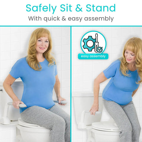 Rock Solid Heavy Duty Toilet Safety Rails With Flip Up Grab Handles Built Like A Tank Support Frame For Seniors And Mobility Aid Durable Steel Wide Base Anti Slip Feet in use for safe sitting and standing.