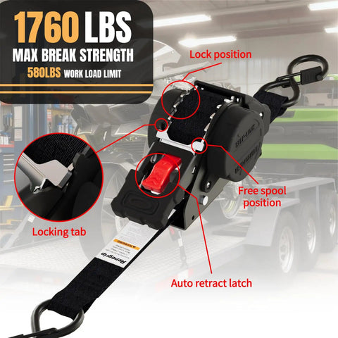 Heavy Duty 1 Inch By 12 Foot Retractable Ratchet Straps With 1760 Pound Break Strength Cargo Tie Downs For Motorcycle Jetski Kayak, 2 Pack Black All Weather showing locking mechanisms