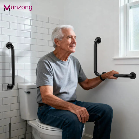 Heavy Duty Black Stainless Steel Shower Grab Bars 2 Pack With L Shaped And Straight Hands, installed beside a toilet for support.