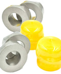 Fresh Four Pack Front Wheel Bearings For Lawn Tractors And Riding Mowers Includes Two Bonus Hub Caps Oil Impregnated Steel parts with yellow hub caps.
