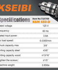 Specifications sheet for Corded Drill With 3.8 Amp Motor, Variable Speed From 0 to 3300 RPM, showing chuck and drill details.