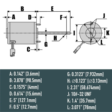Technical diagram of Replacement Motor For ATV Broadcast Spreader S100 12V DC 18W 900RPM 2.5A Beefy IP67 Sealed With Long Lasting Brush Life