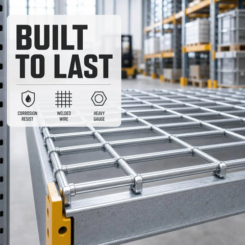 Heavy Duty Galvanized Steel Pallet Rack Wire Decking Panel Damn Tough 50X100 Mesh Silver close-up detail showing welded wire structure.