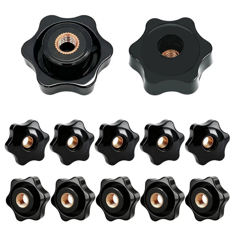 Rock Solid No Sweat 12 Pack Star Knobs M8 Thread Knurled Clamping Nuts, matte black, heavy duty design for fast adjustments.
