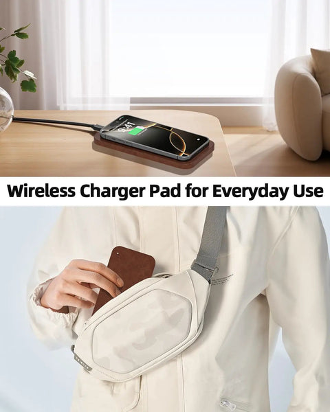 Leather Wireless Charging Valet Tray for Men, phone charging on wooden tray on table, person placing phone in bag