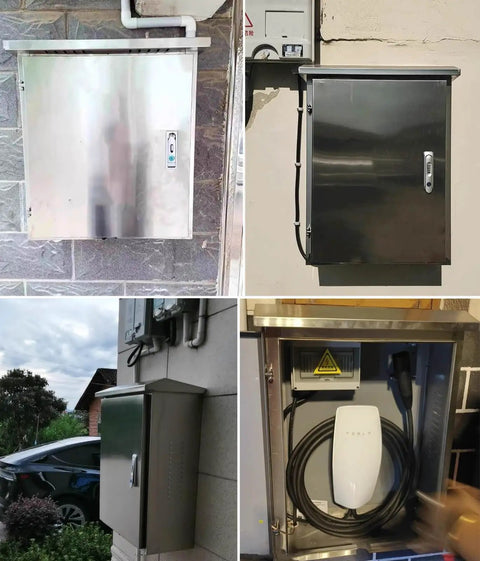 Tough As Nails Waterproof Stainless Steel EV Charger Cover protects Tesla plug in wall-mounted weatherproof unit.