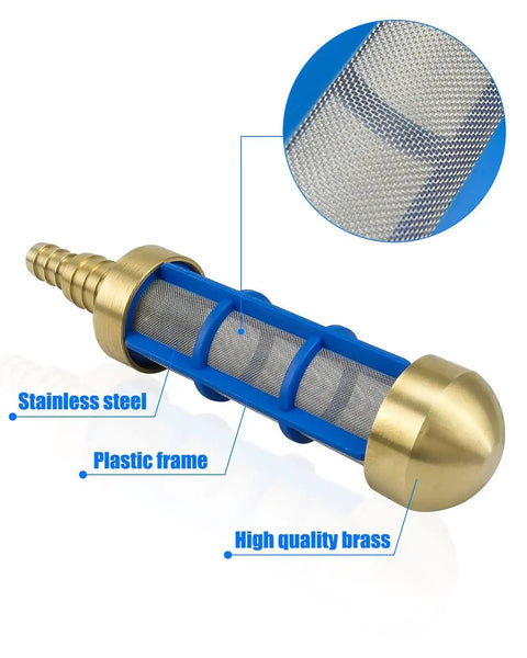 Brass and plastic pressure washer suction strainer filter for 3/4 inch and 5/8 inch hoses with stainless steel mesh inset detail.