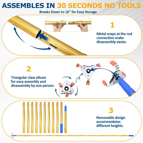 Extra Long 11 Foot Smoke Detector Removal Tool With Two Interchangeable Heads And Pro Gear Bundle for assembly and storage details.
