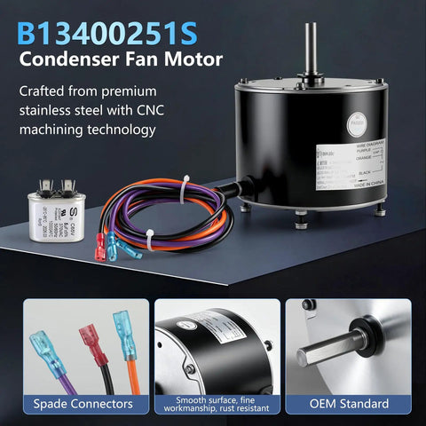 Solid Condenser Fan Motor 1/6 Horsepower 208 To 230 Volt 1075 Rpm smooth running with wiring and capacitor for replacement.