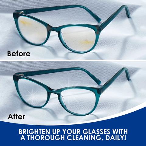 Teal plastic eyeglasses frame shown in a before-and-after cleaning comparison