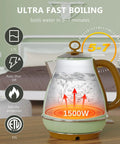 1.7L Electric Kettle With Auto Shut Off And Boil Dry Protection BPA Free Stainless Steel Teapot On Table, Showing Boiling in 5-7 Minutes