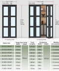 Black Bifold Closet Doors For A 72 By 80 Inch Opening Featuring Hella Smooth Glide Tempered Frosted Glass MDF Prehung Interior Bifold System With Concealed Track Hardware Totally Sweet For Pantry Laundry Renovation Project No Sweat Install dimensions and track length details.