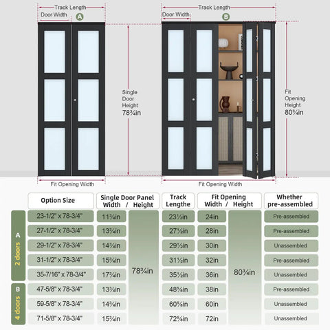 Black Bifold Closet Doors For A 72 By 80 Inch Opening Featuring Hella Smooth Glide Tempered Frosted Glass MDF Prehung Interior Bifold System With Concealed Track Hardware Totally Sweet For Pantry Laundry Renovation Project No Sweat Install dimensions and track length details.
