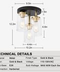 Technical details of Three-Light Semi Flush Mount Ceiling Light Fixture With Dope Clear Glass Cylinder Shades In Gold Finish