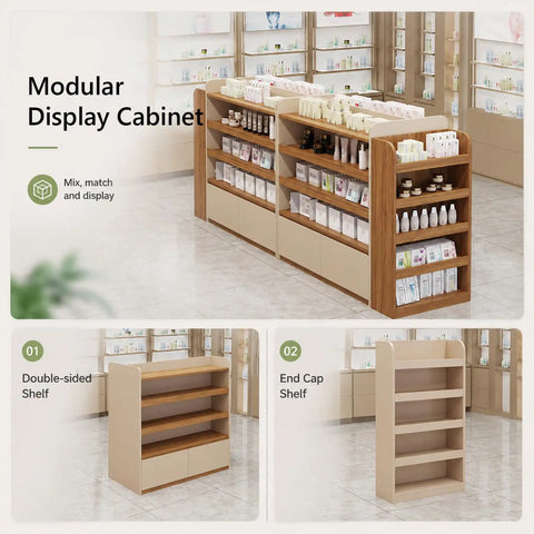Heavy Duty Double Sided Gondola Shelving With Storage Cabinet Built Tough For Retail Shops And Boutiques, two tone, modular display cabinet.
