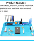 Pro Level Silicone Workbench Mat Featuring a Rock Solid Magnetic Surface and Smart 10 Slot Organizer Perfect for Soldering Phone Fixing and Lock Picking Practices Hella Heat Resistant 17.7 x 11.8 Inch shown with tools and phone.