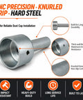 Top Tier Trailer Dust Cap Installation And Removal Tool For 2.72 Inch Axle Grease Cover Puller showing knurled grip and hard steel design.