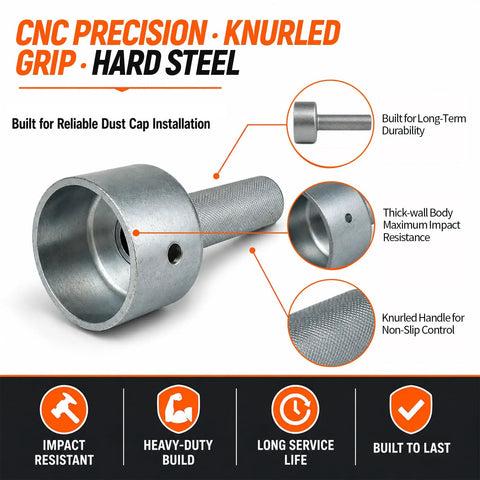 Top Tier Trailer Dust Cap Installation And Removal Tool For 2.72 Inch Axle Grease Cover Puller showing knurled grip and hard steel design.