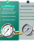 Comparison of stainless steel dry pressure gauge with competitor, highlighting durability and tight connection threads.