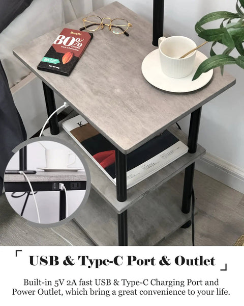 Solid Wood Floor Lamp With USB Type C Port And Outlet, End Table With Shelf, Reading Light With Drum Shade In Grey, FSC Certified