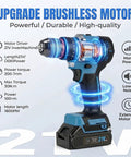 Premium Quality 21V Brushless Cordless Drill And Driver Kit showing brushless motor, torque specs, and battery details.