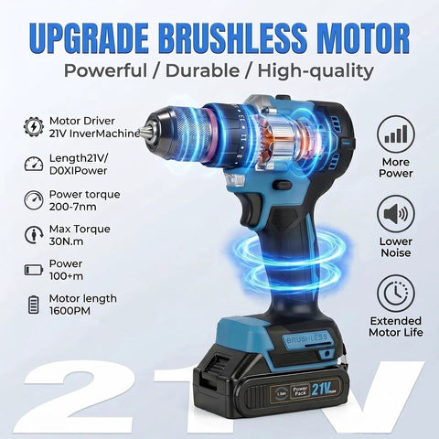 Premium Quality 21V Brushless Cordless Drill And Driver Kit showing brushless motor, torque specs, and battery details.