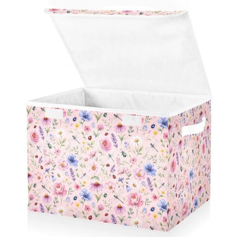Heavy Duty Foldable Storage Bin With Secure Flip Top Lid And Collapsible Build For Bedroom Essentials and floral design.