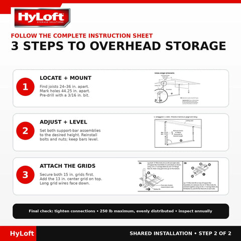 Instruction sheet showing 3 steps for Keep That Garage Floor Clear Heavy Duty Overhead Storage Rack Adjustable Ceiling Mount 45 By 45 Inch.